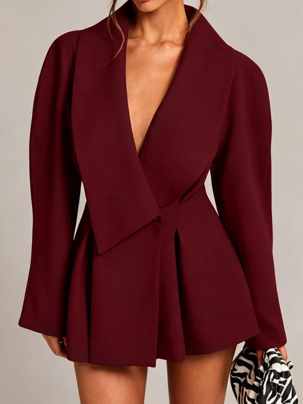 Burgundy Casual Women's Deep V Neck Pleated Blazer Jacket